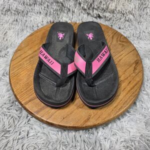 Hawaii Black Pink Flip Flop Women Approx Sz 8  W/ Gecko & "Hawaii" Strap Sandals